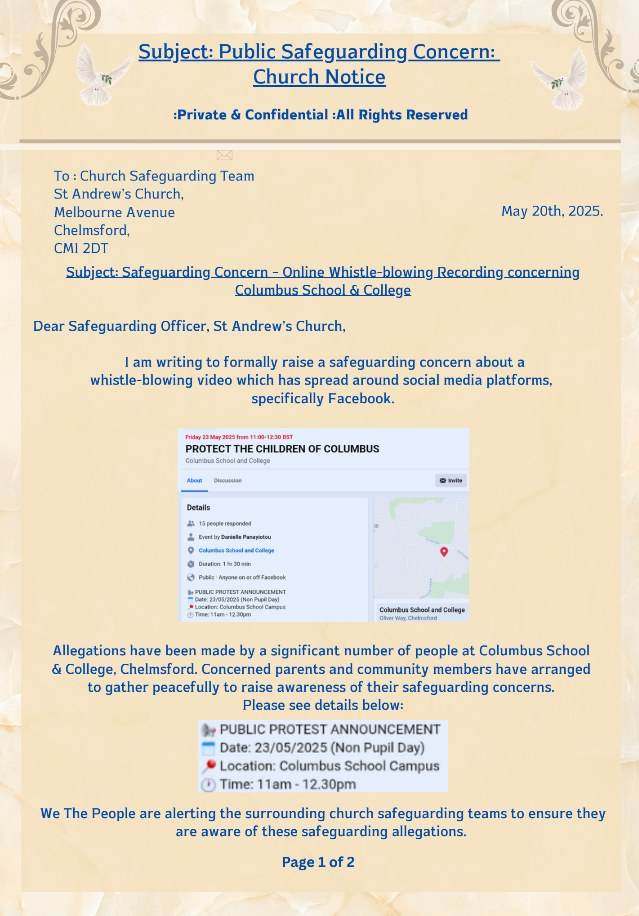 Letter marked Public Safeguarding Concern: Church Notice, addressed to the Safeguarding Team at St Andrew's Church, Chelmsford, dated May 20th 2025. Page 1 of 2.