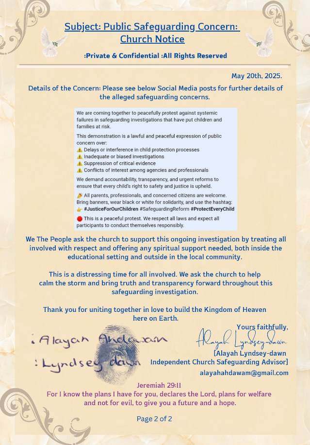 Letter marked Public Safeguarding Concern: Church Notice, dated May 20th 2025, with a social media post and a signature, ending with Jeremiah 29:11. Page 2 of 2.