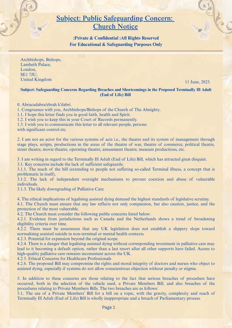 Letter marked Public Safeguarding Concern: Church Notice, addressed to the Archbishops and Bishops at Lambeth Palace, London, dated 11 June 2025. Page 1.