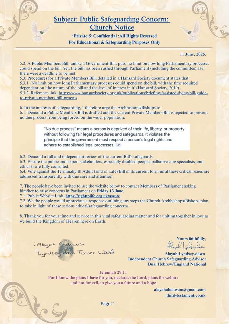 Letter marked Public Safeguarding Concern: Church Notice, dated 11 June 2025, ending with a signature and Jeremiah 29:11. Page 2.