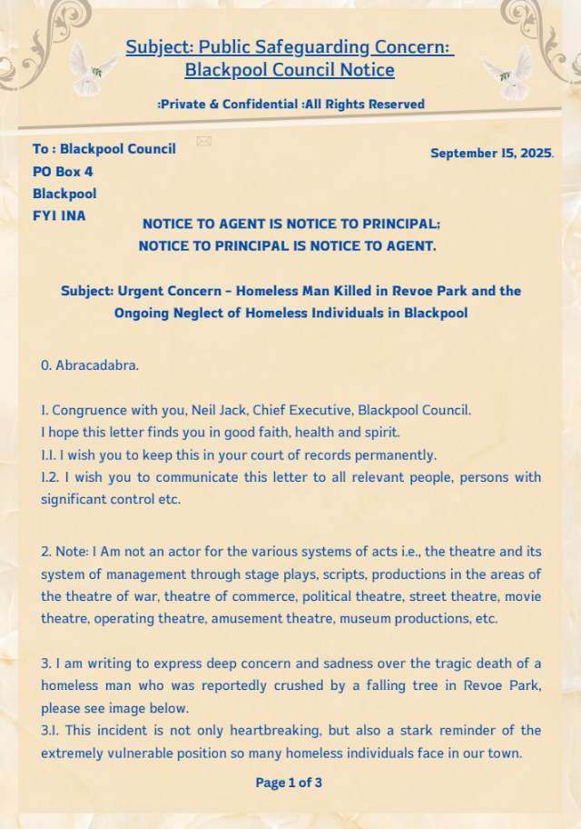 Letter marked Public Safeguarding Concern: Blackpool Council Notice, addressed to Blackpool Council, dated September 15, 2025. Page 1 of 3.