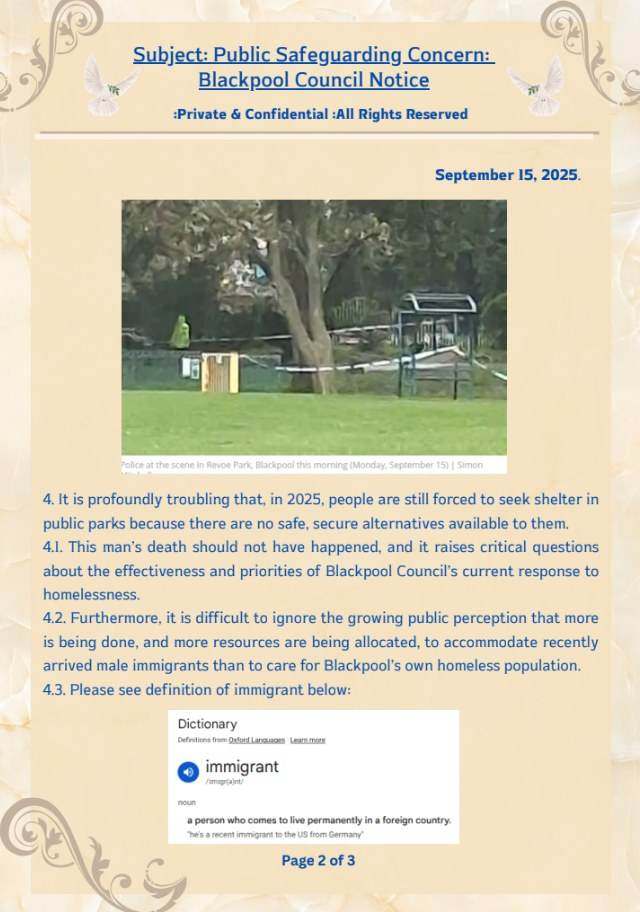 Letter marked Public Safeguarding Concern: Blackpool Council Notice, with a photograph of a park scene, dated September 15, 2025. Page 2 of 3.