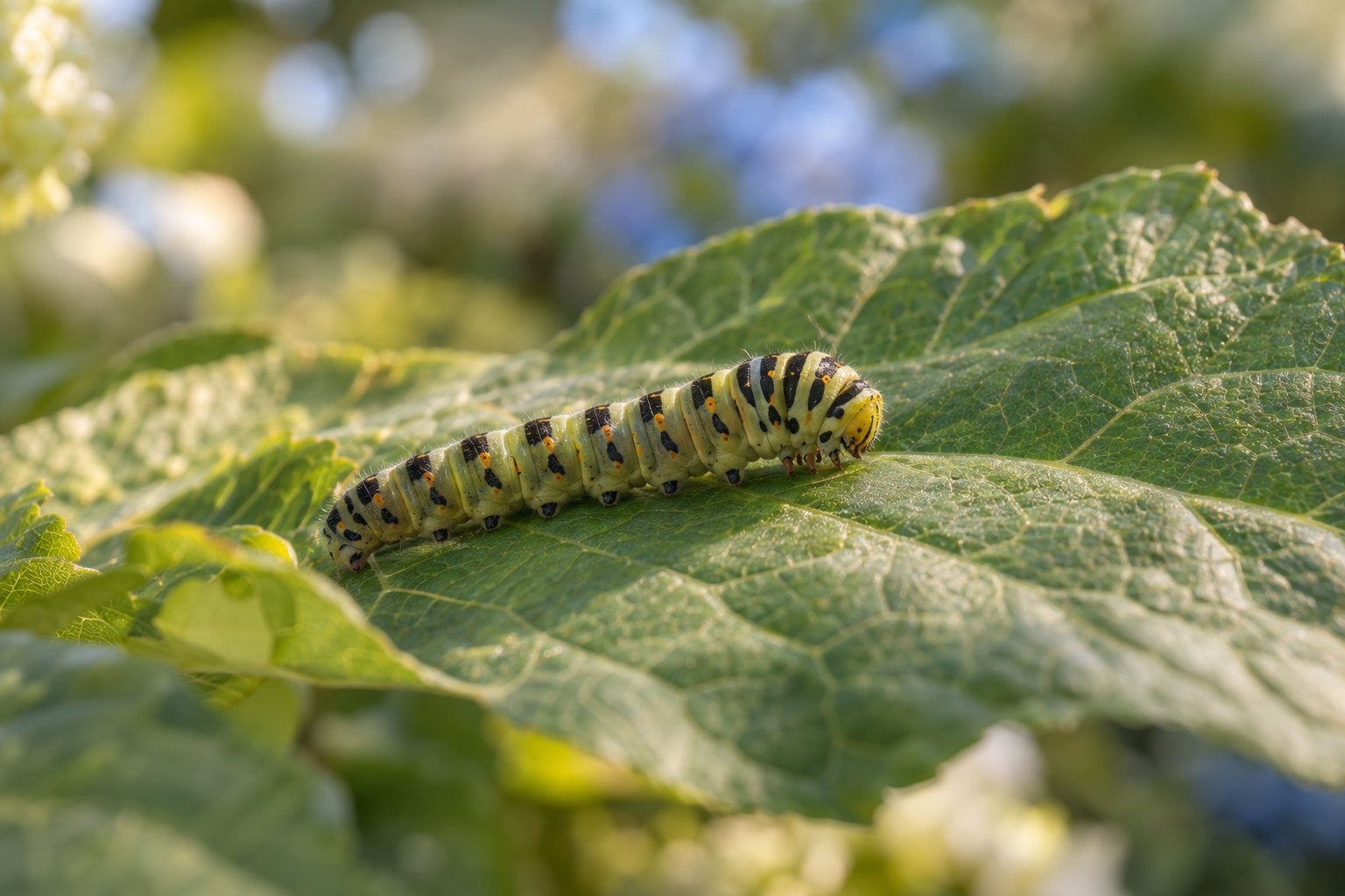 A caterpillar resting on a broad green leaf