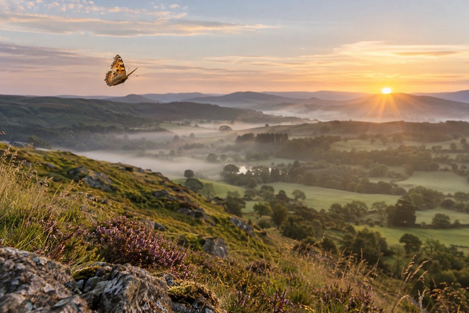 A butterfly in flight above green hills at sunrise