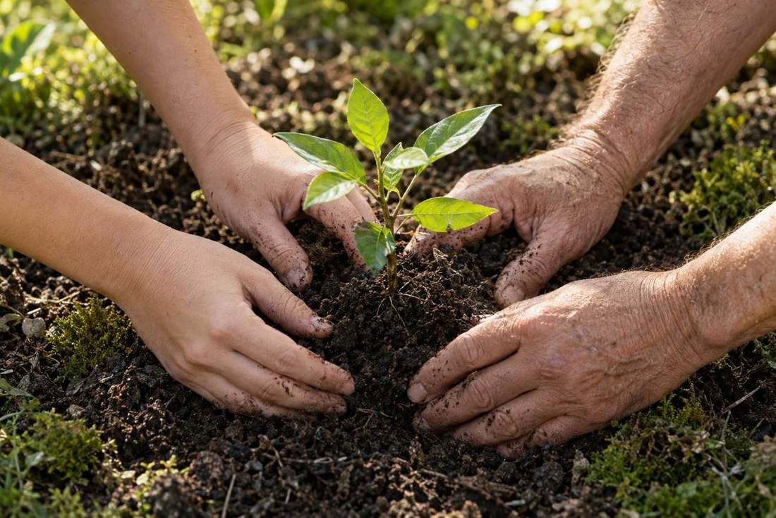 Hands planting a young sapling